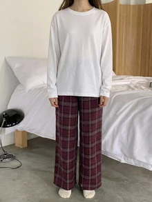 Dazy Kids 長袖T恤風格格紋休閒褲 寬鬆直筒百搭長褲 適合前青春期女孩居家服 - 酒紅色 - 查看 3