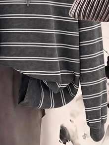 SHEIN EZwear 女款秋季新款條紋休閒學院風百搭日常長袖連帽衛衣 秋冬款 適合校園音樂節 灰色 - 彩色 - 查看 3