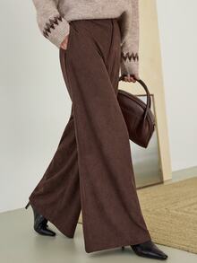 Dazy-Less Solid Cord High Waist Wide Leg Pants - Brown - View 4