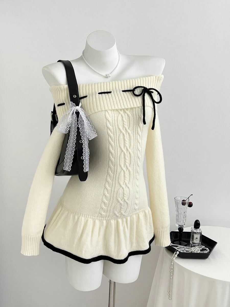 Elamini Women's Autumn/Winter Sexy Sweet Party Dress Off-Shoulder Sweater Dress For Photo Shoots - Apricot - View 1