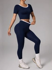 Easithlete Women's Round Neck Short Sleeve Top And High Waist Sports Leggings Color Block Athletic Set - Navy Blue - View 6