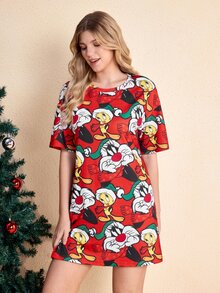 LOONEY TUNES X SHEIN Women's Cartoon Print Short Sleeve Comfortable Nightgown - Red - View 3