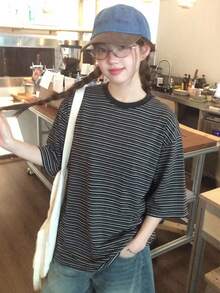 DAZY 女款條紋休閒日常短袖T恤 - 深灰色 - 查看 7