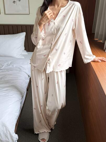 DAZY Women Strawberry Print Button Up Top & Frill Trim Long Pants Pajama Set