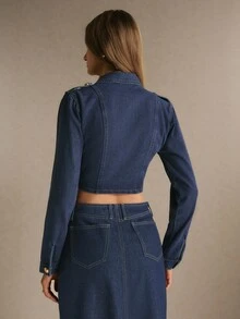 Poéselle Women's Cropped Double Breasted Denim Jacket With Gold Buttons And Notched Lapel, Elegant - Dark Wash - View 2
