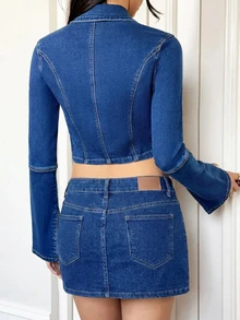 Rivivi Women's Collared Long Sleeve Tie-Front Cropped Denim Top - Blue - View 2