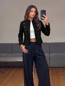 Aloruh Women's Solid Color Rivet & Button Decor Fashion Casual Jacket - Black - View 5