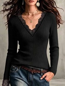 Glimmora Women's French Lace Patchwork Long Sleeve Comfortable T-Shirt - Grey - View 3