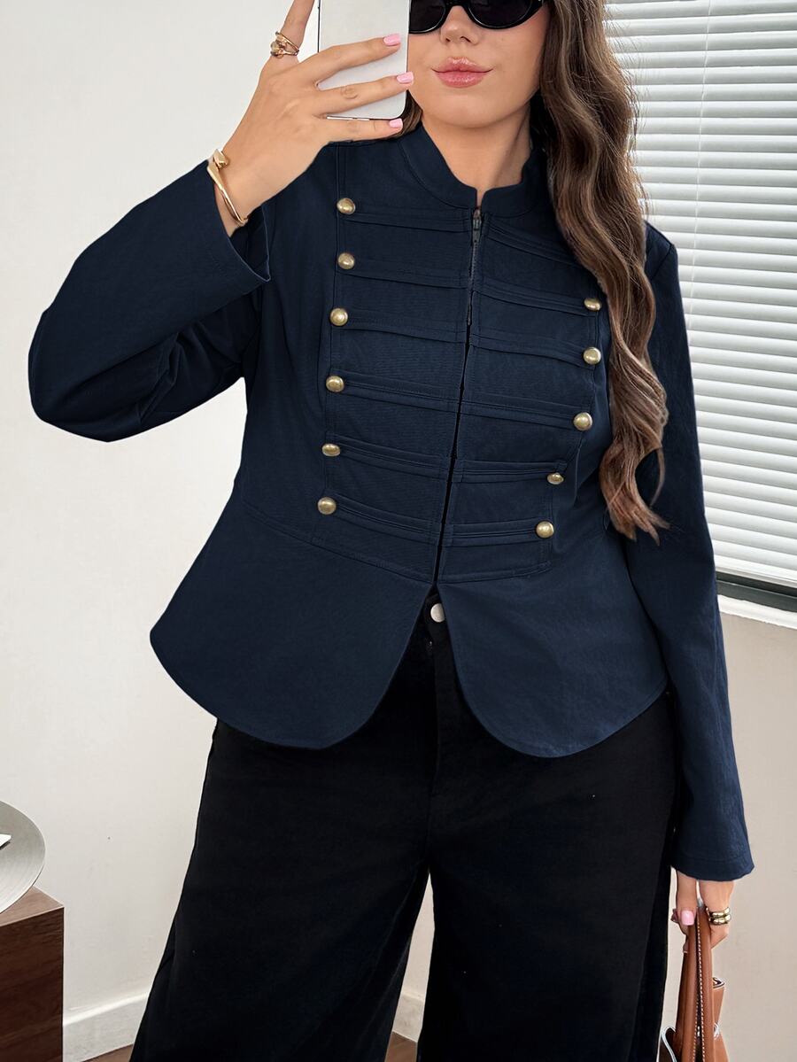 Easowa Curve Plus Size Women Solid Color Casual Commute Travel Blazer - Navy Blue - View 1