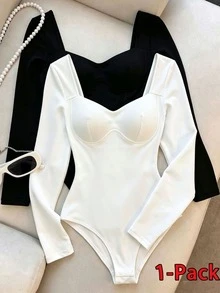 INAWLY Women's Plus Size Solid Color Minimalist Long Sleeve Bodysuit Winter - White - View 1