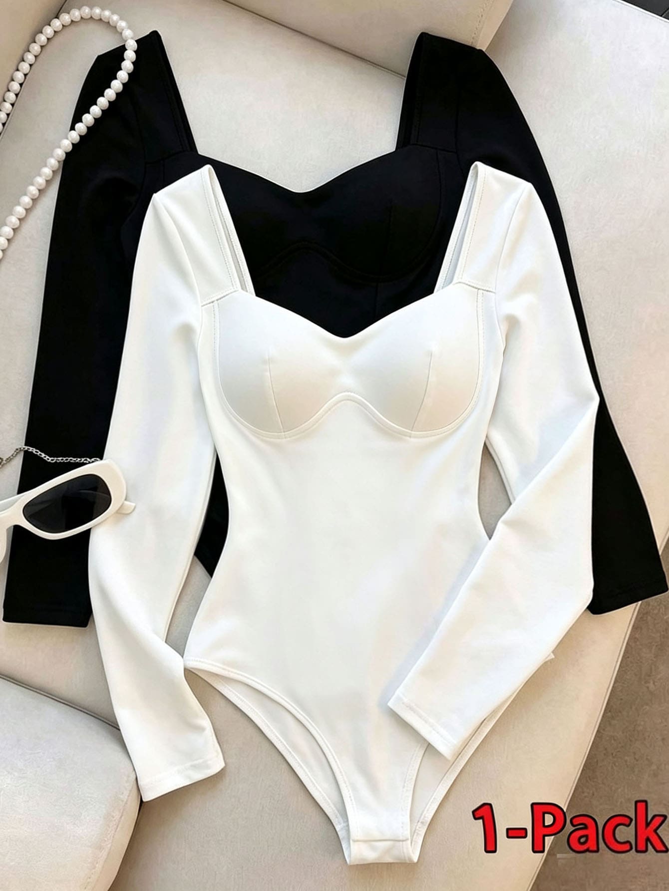 INAWLY Women's Plus Size Solid Color Minimalist Long Sleeve Bodysuit Winter - White - View 1