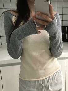 DAZY 女款不對稱肩拼接配色長袖韓系清新女孩毛衣 - 杏色 - 查看 4