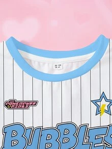THE POWERPUFF GIRLS X SHEIN 少女款對比滾邊卡通滿版印花落肩休閒時尚短袖T恤 - 白色 - 查看 3