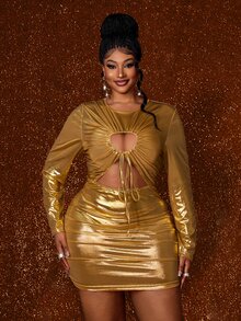 Maweii Plus Size Women Sexy Fashion New Party Short Bodycon Bodycon Dress Fall - Gold - View 1