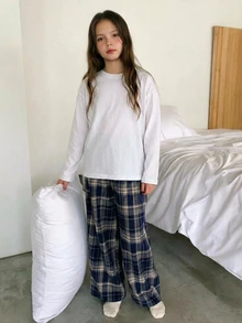 Dazy Kids 女童長袖T恤風格格紋休閒長褲 寬鬆直筒百搭居家褲 - 藏蓝色 - 查看 2