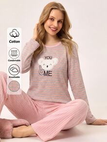 Loomlin 2pcs Contrast Colour Striped With Cute Koala Embroidery Detail PJ Set - Multicolor - View 1