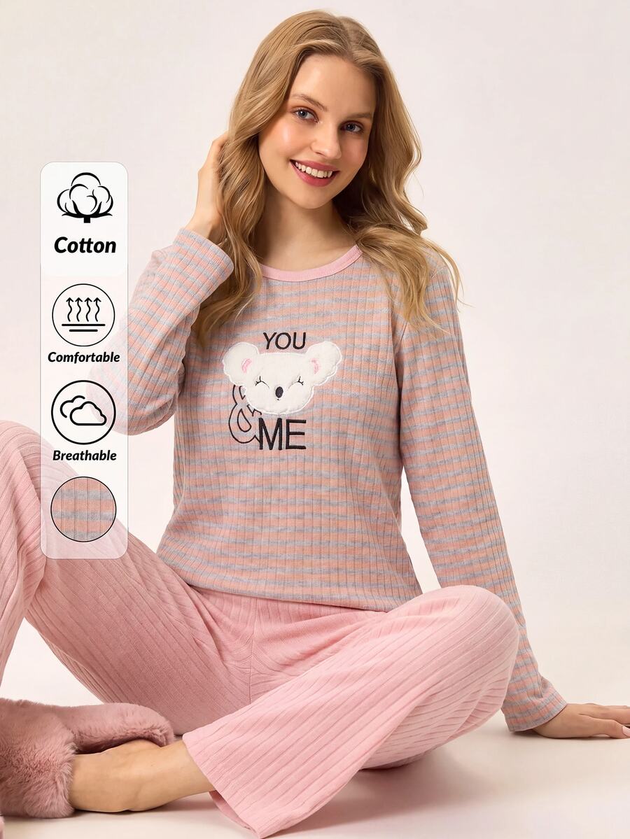 Loomlin 2pcs Contrast Colour Striped With Cute Koala Embroidery Detail PJ Set - Multicolor - View 1