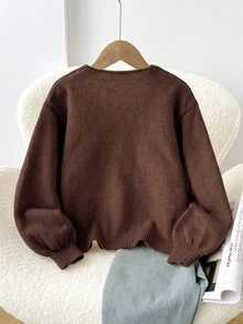 SHEIN 青少年女孩寬鬆休閒極簡舒適圓領長袖前開襟蝴蝶結綁帶針織外套 - 棕色 - 查看 2