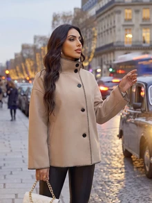 Dripcurv Plus Size Women Single Breasted Casual Versatile Daily Wear Long Sleeve Jacket Fall - Khaki - View 3