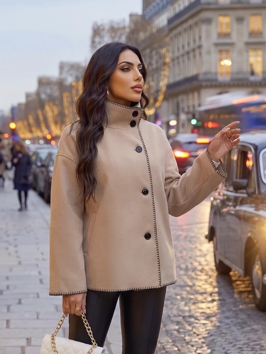 Dripcurv Plus Size Women Single Breasted Casual Versatile Daily Wear Long Sleeve Jacket Fall - Khaki - View 1