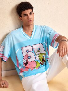 SpongeBob SquarePants | SHEIN Men's Cartoon Graphic Casual Daily Wear T-Shirt - Sky Blue - View 6