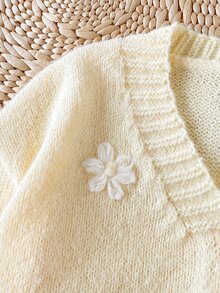 可愛學院風極簡花卉少女針織毛衣套裝，百搭休閒秋冬新款 2 件套穿搭，適合派對、生日、學校 - 黃色 - 查看 4