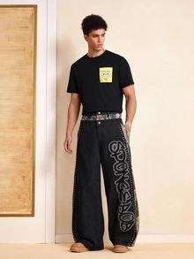 SpongeBob SquarePants | SHEIN Men's Streetwear Rivet Letter Print Loose Fit Denim Jeans - Black - View 5