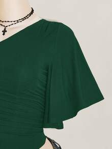 SHEIN ICON 女款素色不對稱肩休閒日常穿搭上衣 - 墨綠色 - 查看 5