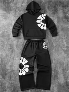2件組 男士青少年秋冬抓絨內裡加厚街頭風花卉滿版印花連帽衛衣套頭衫與直筒運動長褲套裝，適合街頭風格，中性款 - 黑色 - 查看 1