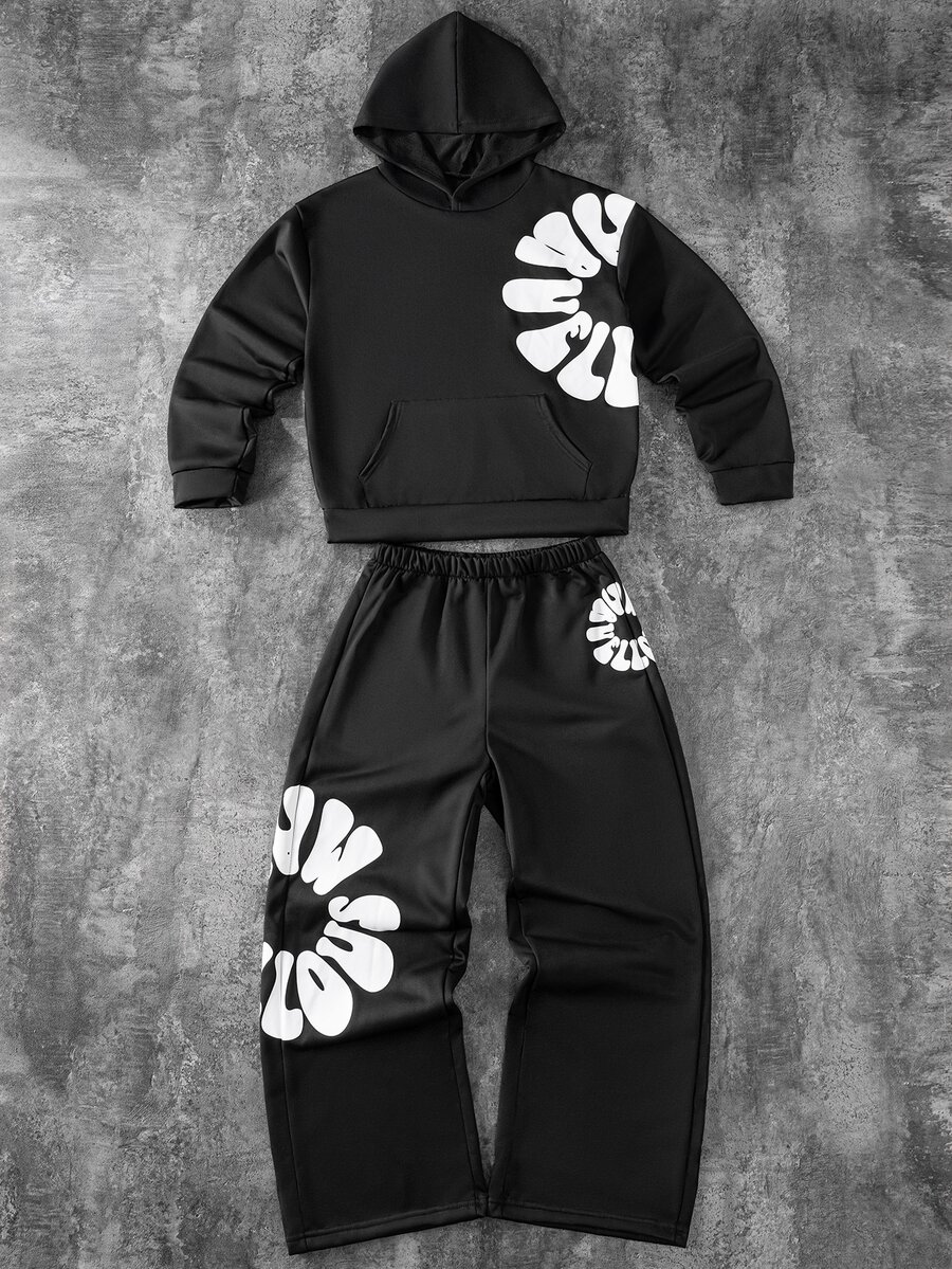 2件組 男士青少年秋冬抓絨內裡加厚街頭風花卉滿版印花連帽衛衣套頭衫與直筒運動長褲套裝,適合街頭風格,中性款 - 黑色 - 查看 1