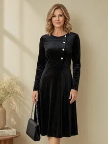 EMERY ROSE Middle-Aged Women Solid Color Round Neck Button Decor Waist-Cinching Slimming Long Sleeve Dress - Black - View 1