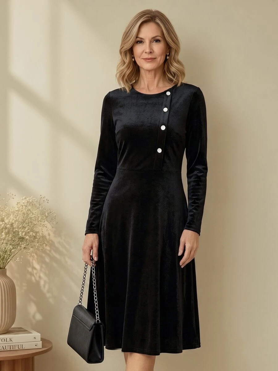 EMERY ROSE Middle-Aged Women Solid Color Round Neck Button Decor Waist-Cinching Slimming Long Sleeve Dress - Black - View 1