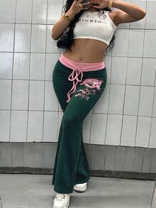 Maweii 大尺碼女款秋冬日常街頭風性感收腰對比色抽繩前印花修身喇叭拼接長褲，黑色與粉色 - 墨綠色 - 查看 5