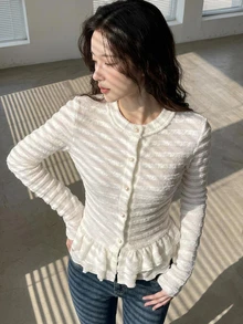 DAZY Kaos Wanita Bahan Tekstur Depan Terbuka Lengan Panjang Elegan - Putih - View 4