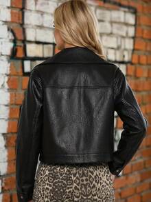 DAZY Fashion Versatile Faux PU Leather Short Motorcycle Jacket Women Loose Casual Zipper Outerwear - Black - View 4
