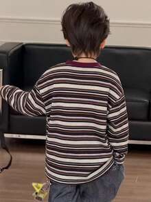 Dazy Kids 大童男孩對比滾邊圓領條紋休閒日常百搭長袖T恤 - 彩色 - 查看 3
