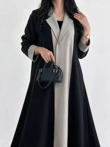 Yasmyna Women Black Grey Contrast Lapel Front Wide Sleeve Open Front Abaya Coat Dubai Middle East Fall Formal Kaftan Robe - Multicolor - View 4