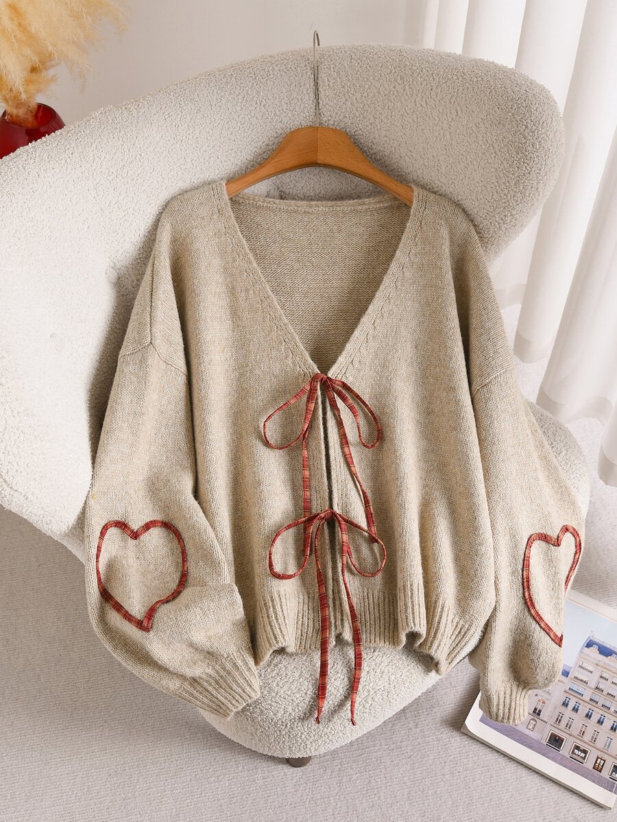 CosyJoli Plus Size Women's V-Neck Bowknot Oatmeal Color Tie-Front Casual Cardigan