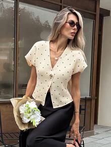 Serisse Cardigan Rajut Lengan Pendek Leher V Kancing Depan Motif Polkadot Blok Warna Kasual untuk Wanita, Atasan Kasual dan Elegan. Sweater Musim Gugur dan Musim Dingin untuk Wanita - Kuning - View 6