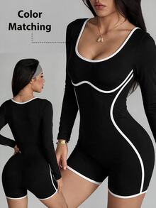 Slayform Slayform Women's Colorblock U-Neck Fashion Sports Tight Jumpsuit - Black - View 1