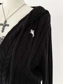 Sunspun Plus Size Women's Casual Daily Outing Hooded Cardigan With Equestrian Pattern Winter - Black - View 5