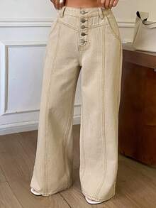 Dazy Plus Plus Size High Waist Button Fly Contrast Stitch Loose Wide Leg Denim Jeans - Apricot - View 2
