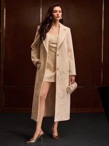 MOTF PREMIUM WOMEN'S AUTUMN/WINTER WOOL BLEND JEWELRY EMBELLISHED EMBROIDERED MID-LENGTH COAT - Beige - View 4