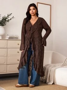 Enliva Plus Size Women's Lace Longline Cardigan Open Front Ruffle Bell Sleeve Duster Halloween Inspired Boho Witchy Cover Up Flattering Compatible With Apple Shape - Brown - View 7