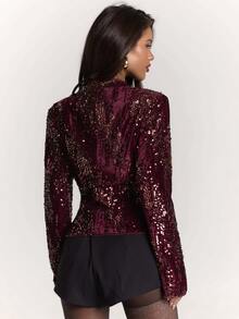 SHEIN BAE Blazer Pesta Elegan Wanita Lengan Panjang Berpayet dengan Desain Tumpang Tindih dan Pinggang yang Diikat - Burgundy - View 2
