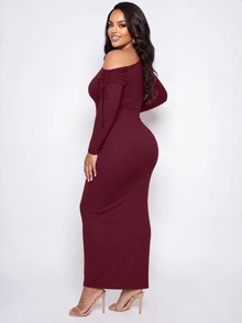Poshavie Poshavie Plus Size Women's Minimalist Elegant Long Dress, Fashionable Asymmetrical Shoulder Ruched Design Elastic Fitted Dress, Slimming Versatile, Suitable For Daily Wear And Parties - Burgundy - View 2