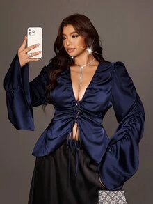 Viva Relle Plus-Size Sexy Bow Navy Blue Shirt - Navy Blue - View 2