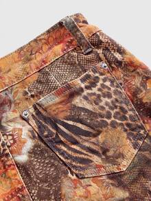 ROMWE Vacation Hippie Retro Floral Leopard Fruit Print Low Waist Bodycon Denim Skirt - Brown - View 4