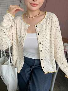 Dazy Plus Small Polka Dot Round Neck Button Front Long Sleeve Casual Cardigan For Girls Spring Autumn - Apricot - View 5