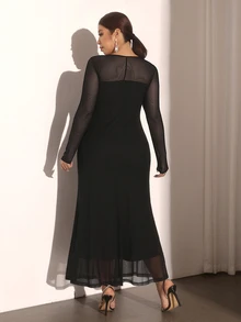 Cravure Plus Size Elegant Hollow Circle Mesh Sheer Long Sleeve Fitted Dress - Black - View 2